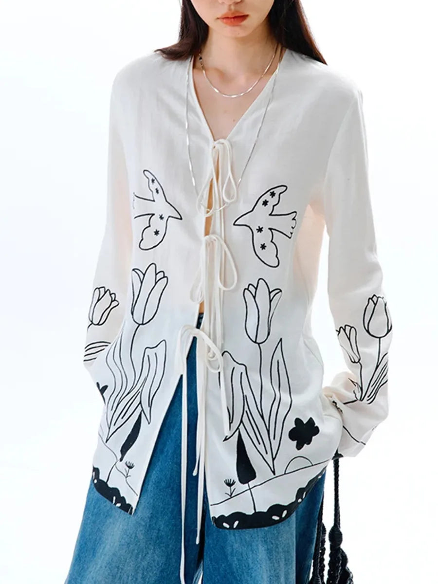 Spliced Lace V Neck Long Sleeve Tunic Temperament Shirts Mssza