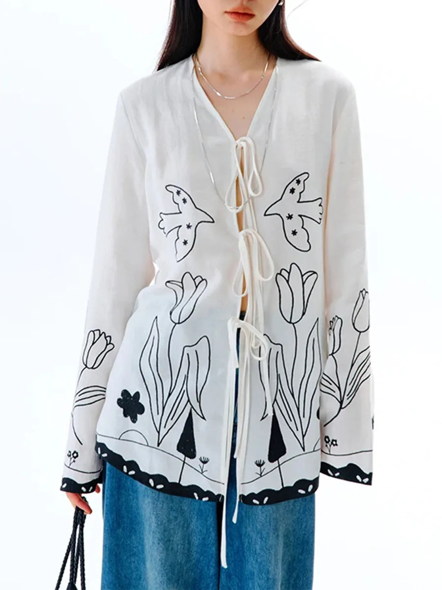 Spliced Lace V Neck Long Sleeve Tunic Temperament Shirts Mssza