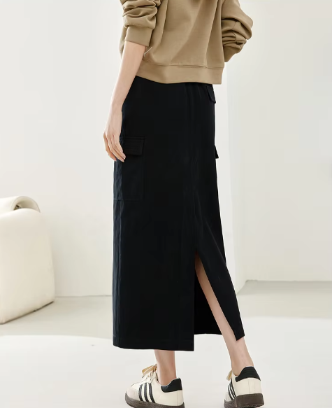 Split A-Line solid Casual Elastic Waist Cargo Elegant Midi Skirts Mssza