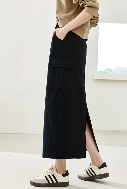 Split A-Line solid Casual Elastic Waist Cargo Elegant Midi Skirts Mssza