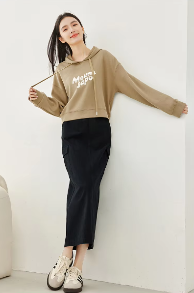 Split A-Line solid Casual Elastic Waist Cargo Elegant Midi Skirts Mssza