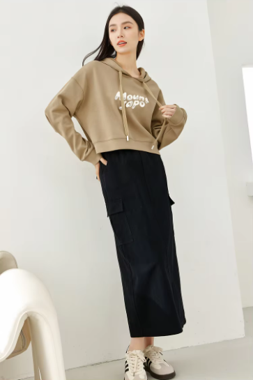 Split A-Line solid Casual Elastic Waist Cargo Elegant Midi Skirts Mssza