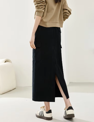 Split A-Line solid Casual Elastic Waist Cargo Elegant Midi Skirts Mssza