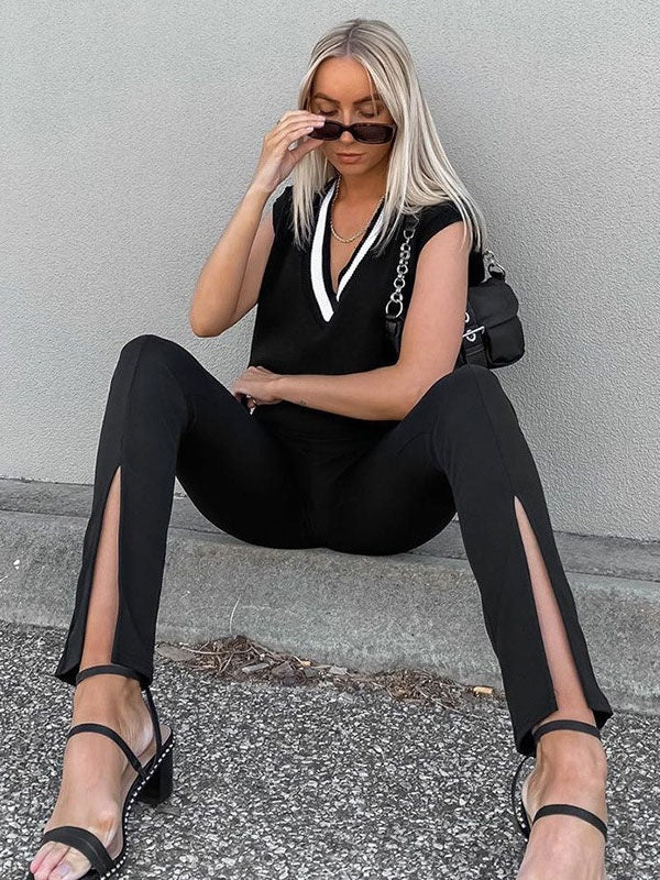 Split Front Polyester Stretch Raised Waist Trousers Mssza