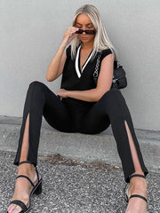 Split Front Polyester Stretch Raised Waist Trousers Mssza