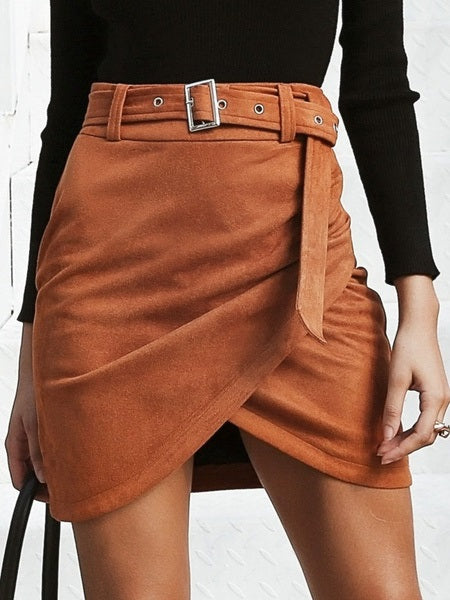 Split Front Suede Short Raised Waist Skirt Mssza