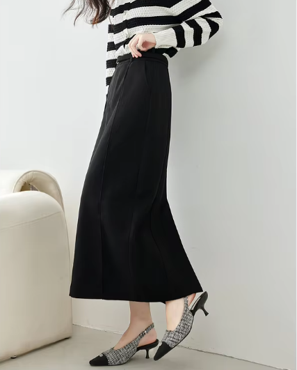 Split Solid Casual Straight Waist Elastic Elegant Office Midi Skirts Mssza