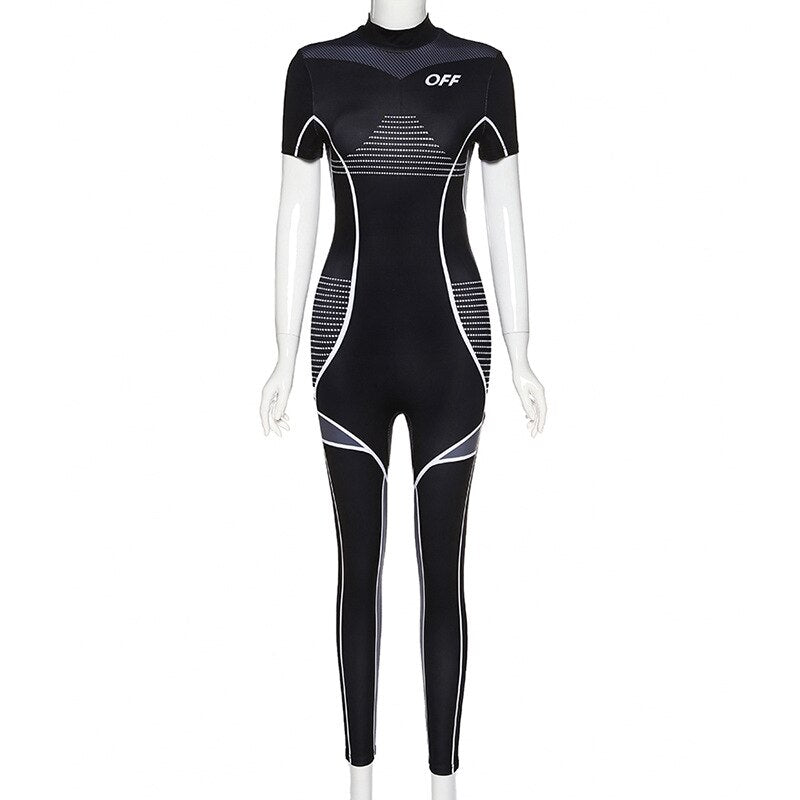 Sports Print Short Sleeve Bodycon Jumpsuit Mssza
