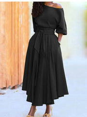 Diagonal Collar Boho Lace Up Elegant Dress Mssaz Desses