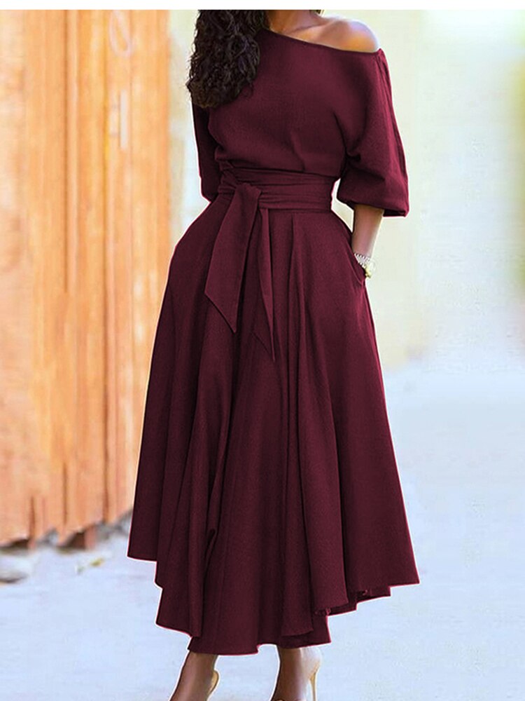 Diagonal Collar Boho Lace Up Elegant Dress Mssaz Desses