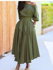 Diagonal Collar Boho Lace Up Elegant Dress Mssaz Desses