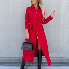Slim Lace Up Long Sleeve Turn Down Collar Maxi Dress Mssaz Desses