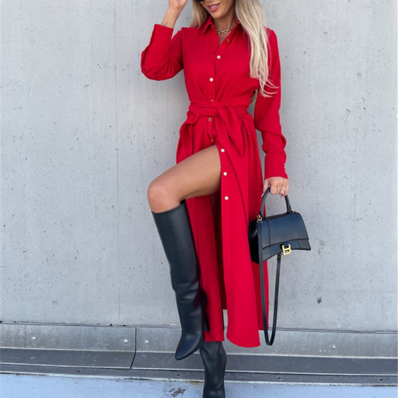 Slim Lace Up Long Sleeve Turn Down Collar Maxi Dress Mssaz Desses
