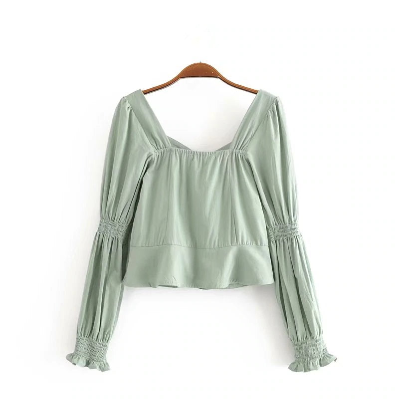 Square Collar Cotton Loose Crop Top Blouses Mssza