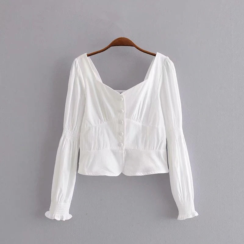 Square Collar Cotton Loose Crop Top Blouses Mssza
