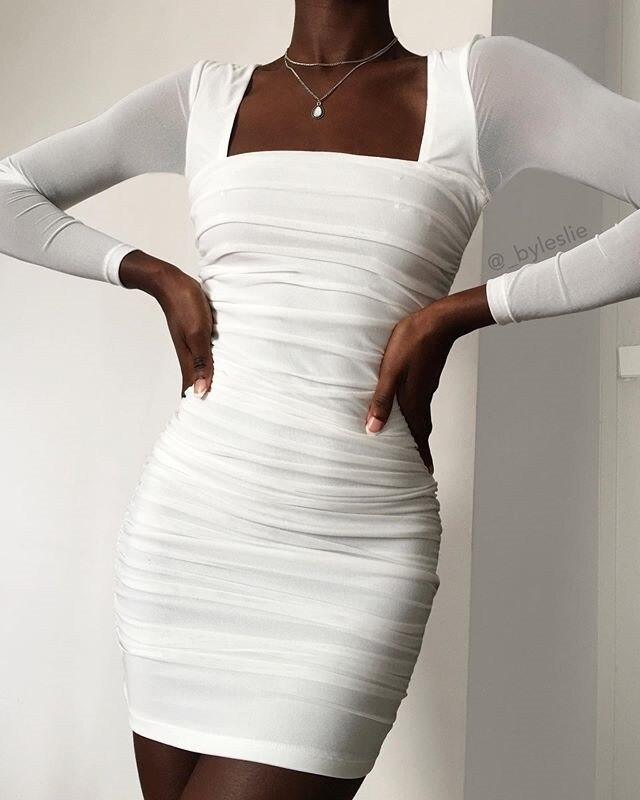 Square Collar Mesh Sleeve White Dress Solid Ruched Design Long Sleeve Dress Winter Night Clubwear Tight Vestidos Mssaz Desses