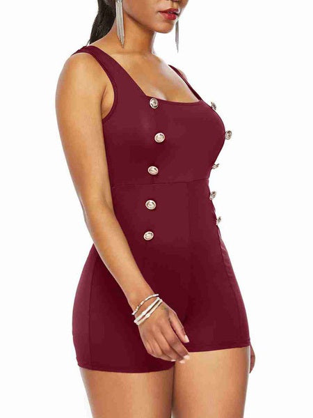 Square Neck Buttons Cotton Blend Skinny One Piece Outfit Mssza