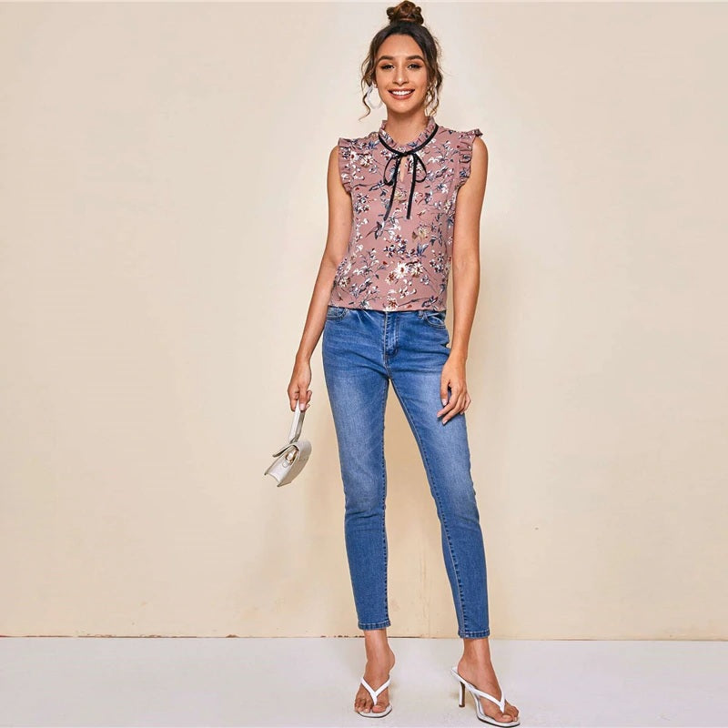 Stand Collar Frill Trim Floral Tops Mssza