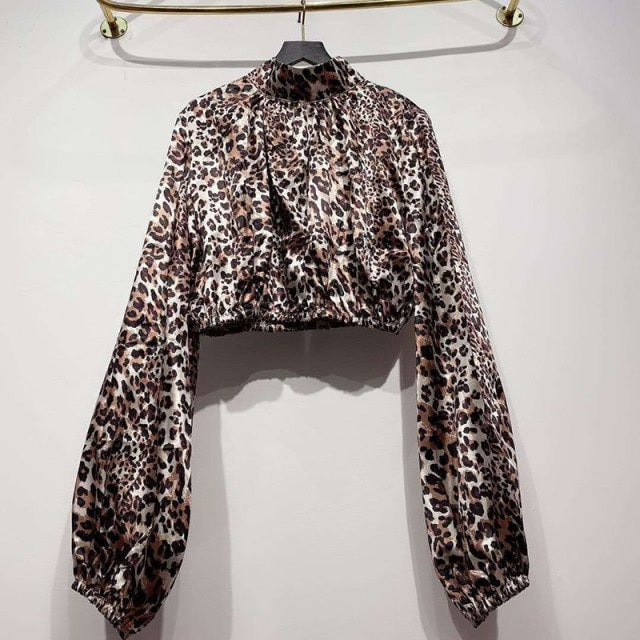 Stand Collar Lantern Sleeve High Waist Short Top Mssza