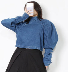 Stand Collar Puff Sleeve Casual Denim Shirt Mssza