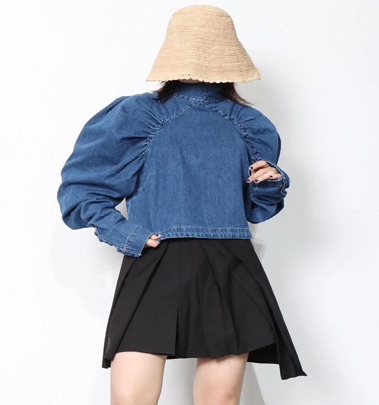 Stand Collar Puff Sleeve Casual Denim Shirt Mssza