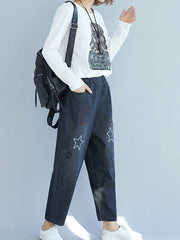 Star Embroidery Stripe Elastic Waist Pants With Pocket Mssza