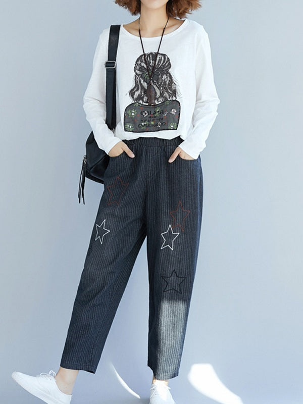 Star Embroidery Stripe Elastic Waist Pants With Pocket Mssza