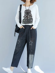 Star Embroidery Stripe Elastic Waist Pants With Pocket Mssza