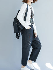 Star Embroidery Stripe Elastic Waist Pants With Pocket Mssza