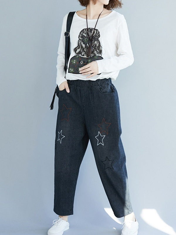Star Embroidery Stripe Elastic Waist Pants With Pocket Mssza