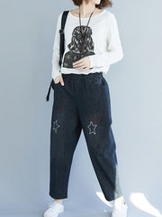 Star Embroidery Stripe Elastic Waist Pants With Pocket Mssza