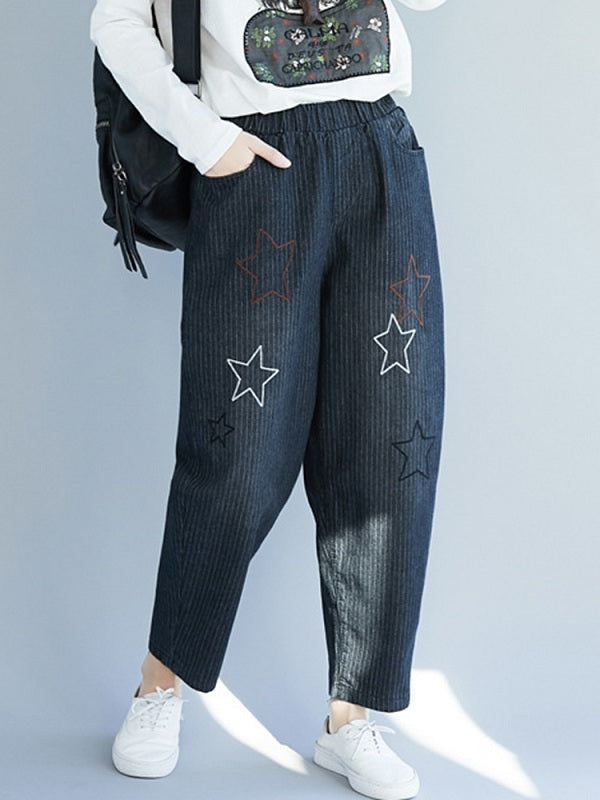 Star Embroidery Stripe Elastic Waist Pants With Pocket Mssza
