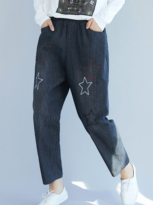 Star Embroidery Stripe Elastic Waist Pants With Pocket Mssza