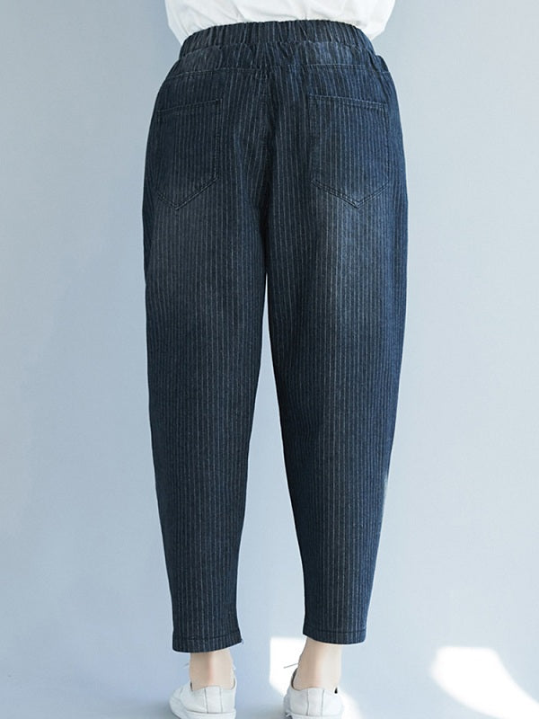 Star Embroidery Stripe Elastic Waist Pants With Pocket Mssza