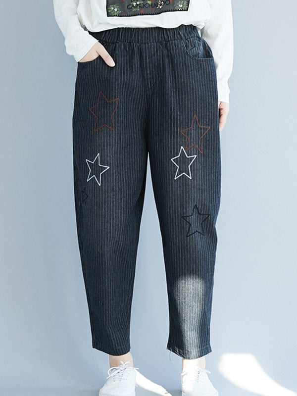 Star Embroidery Stripe Elastic Waist Pants With Pocket Mssza