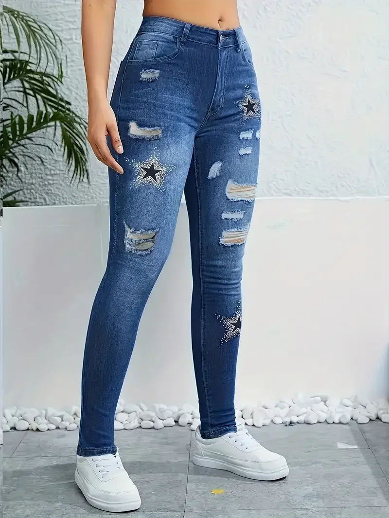 Star Pattern Printed Washed Hole High Waisted Stretch Denim Skinny Jeans Mssza