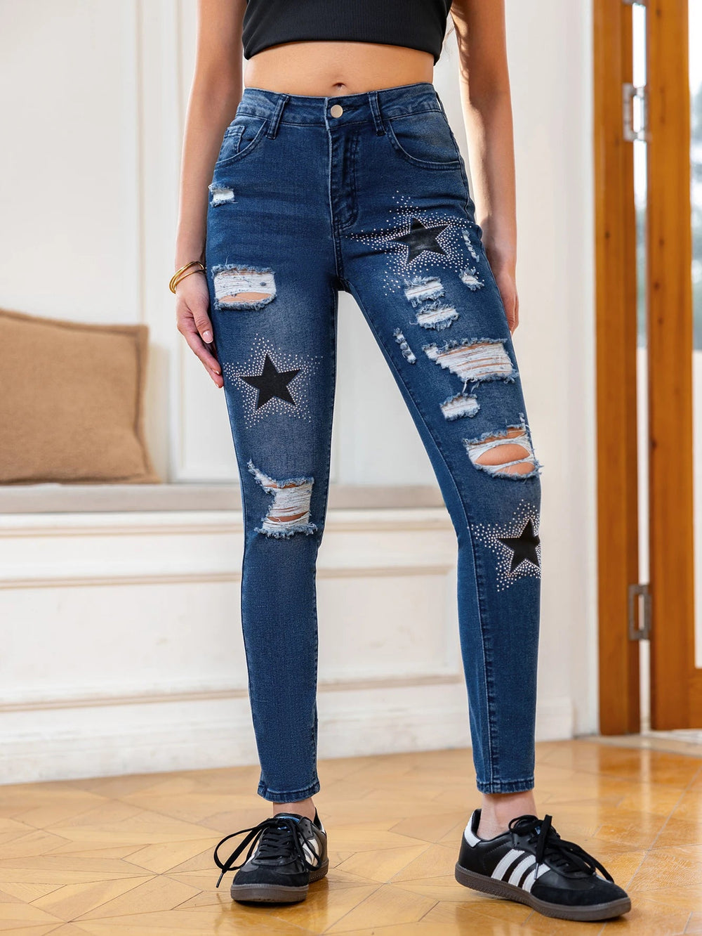Star Pattern Printed Washed Hole High Waisted Stretch Denim Skinny Jeans Mssza