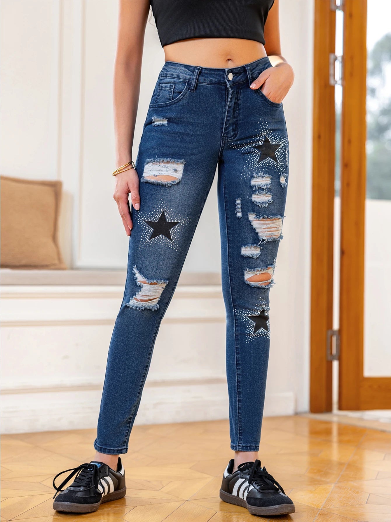 Star Pattern Printed Washed Hole High Waisted Stretch Denim Skinny Jeans Mssza