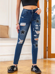 Star Pattern Printed Washed Hole High Waisted Stretch Denim Skinny Jeans Mssza