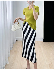 Straight Split High Waisted Printed Striped Solid Elegant Mid Length Skirts Mssza
