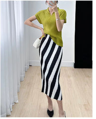 Straight Split High Waisted Printed Striped Solid Elegant Mid Length Skirts Mssza