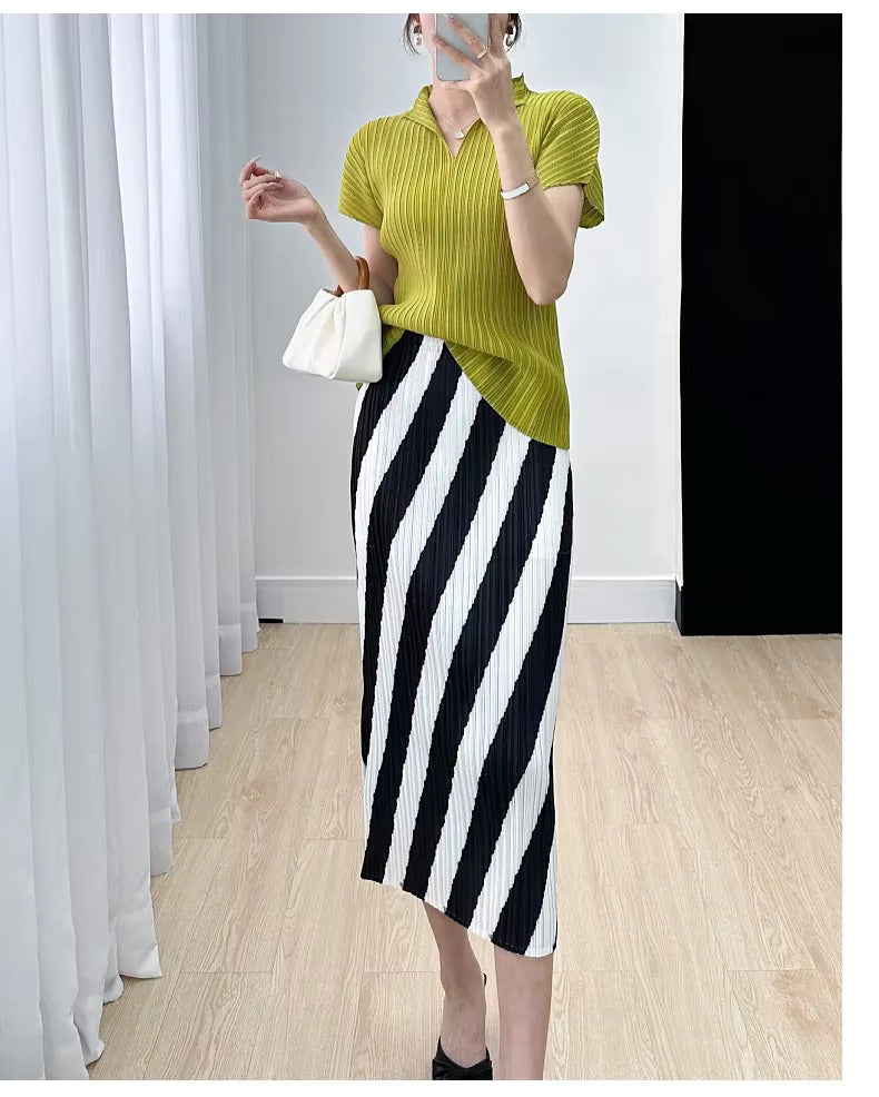 Straight Split High Waisted Printed Striped Solid Elegant Mid Length Skirts Mssza