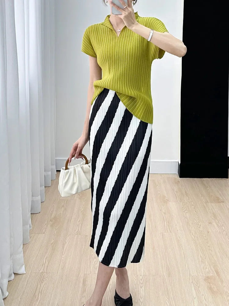 Straight Split High Waisted Printed Striped Solid Elegant Mid Length Skirts Mssza