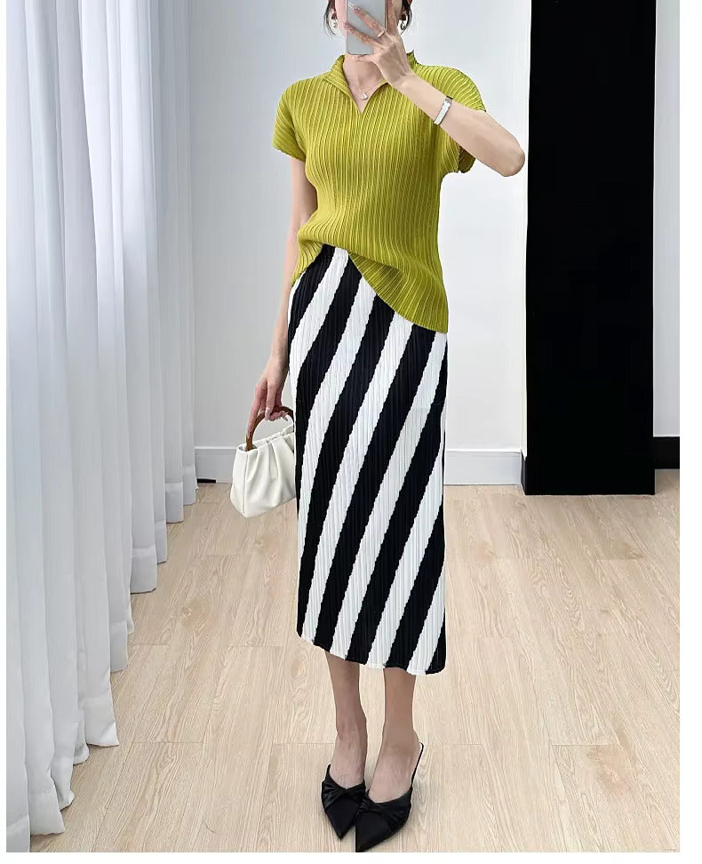 Straight Split High Waisted Printed Striped Solid Elegant Mid Length Skirts Mssza