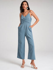 Strap Open Back Solid Pocket Straight Leg Jumpsuit Mssza