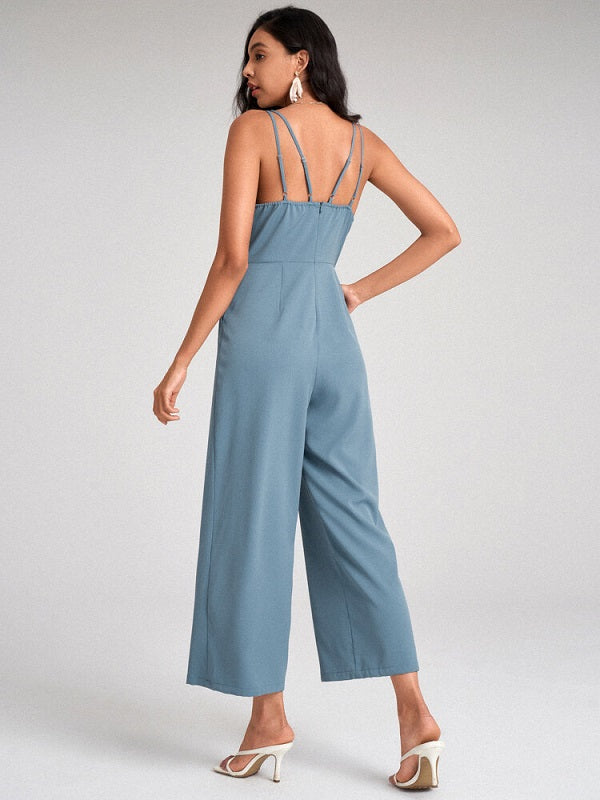 Strap Open Back Solid Pocket Straight Leg Jumpsuit Mssza