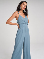 Strap Open Back Solid Pocket Straight Leg Jumpsuit Mssza