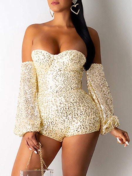 Strapless Long Sleeves Zipper Sequined Skinny One Piece Outfit Mssza