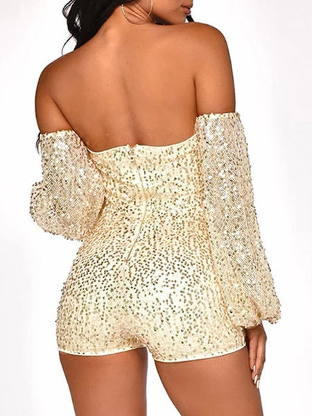 Strapless Long Sleeves Zipper Sequined Skinny One Piece Outfit Mssza