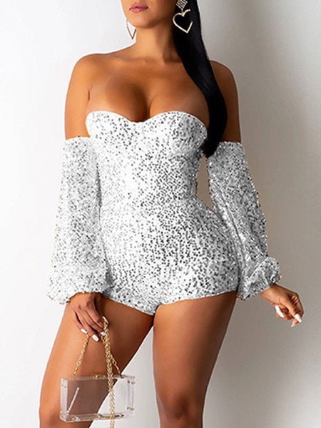 Strapless Long Sleeves Zipper Sequined Skinny One Piece Outfit Mssza